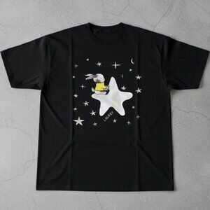 Cute Bunny Star Graphic T-Shirt – Kawaii Night Sky Tee – Black Oversized Unisex